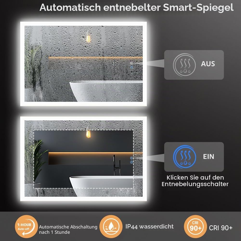 badezimmerspiegel mit Beleuchtung, Sandstrahl-Design led Spiegel Bad, 3 Farbtemperaturen, Dimmbar, Entfogging, Memory-Funktion, Modernes Design, HD, Touch-Schalter