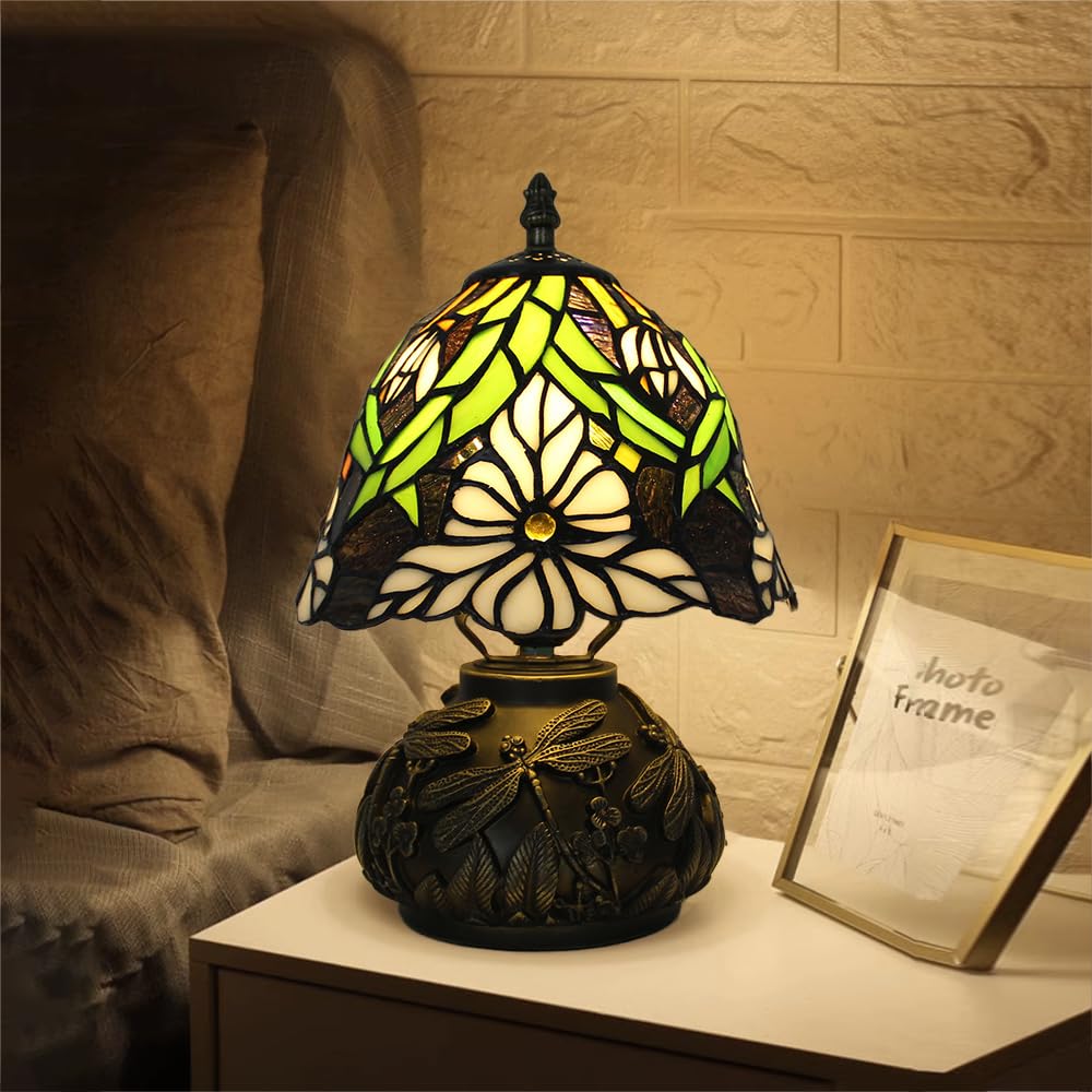XINYASEE Tischlampe im Tiffany-Stil – pilzförmiger Lampenschirm aus Buntglas, Sockel mit Libellengravur, Retro-Nachttischlampe für Schlafzimmer, Wohnzimmer, Heimdekoration (Blumen-B)