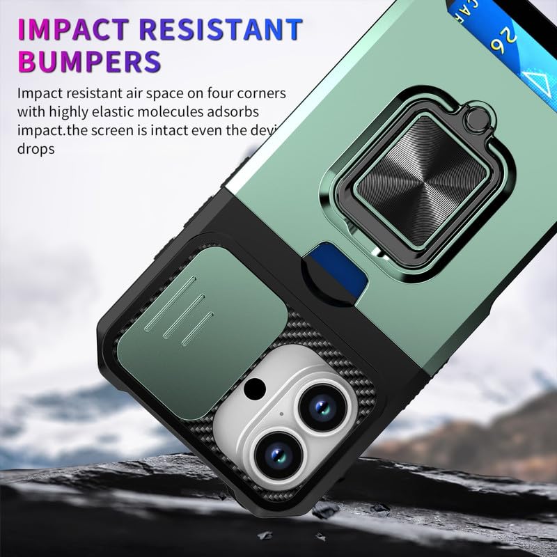 Image of LuxuryKase Shockproof Armor Case for iPhone 17 | Slide Camera Cover | Hidden Card Slot | Rotating Ring Kickstand | Magnetic Car Mount Support | Military Grade Protection - Green