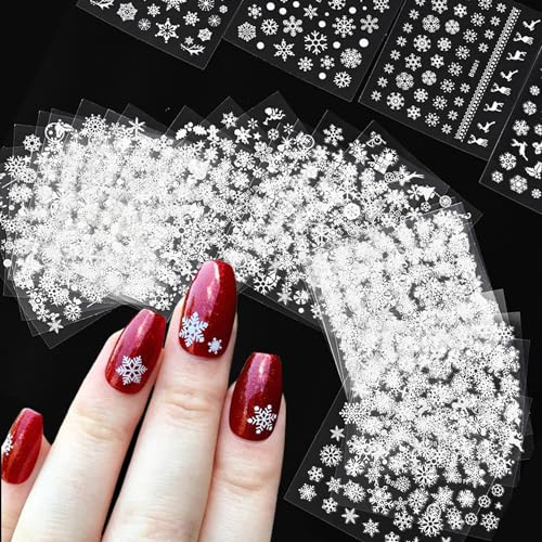 30Pcs White Snowflake Nail Decals 3D Snowflakes Christmas Nail Art Stickers Self-Adhesive Xmas Nail Art Supplies Winter Elk Rabbit Manicure Decal Sliders for Women Girls Holiday DIY Nail Decorations