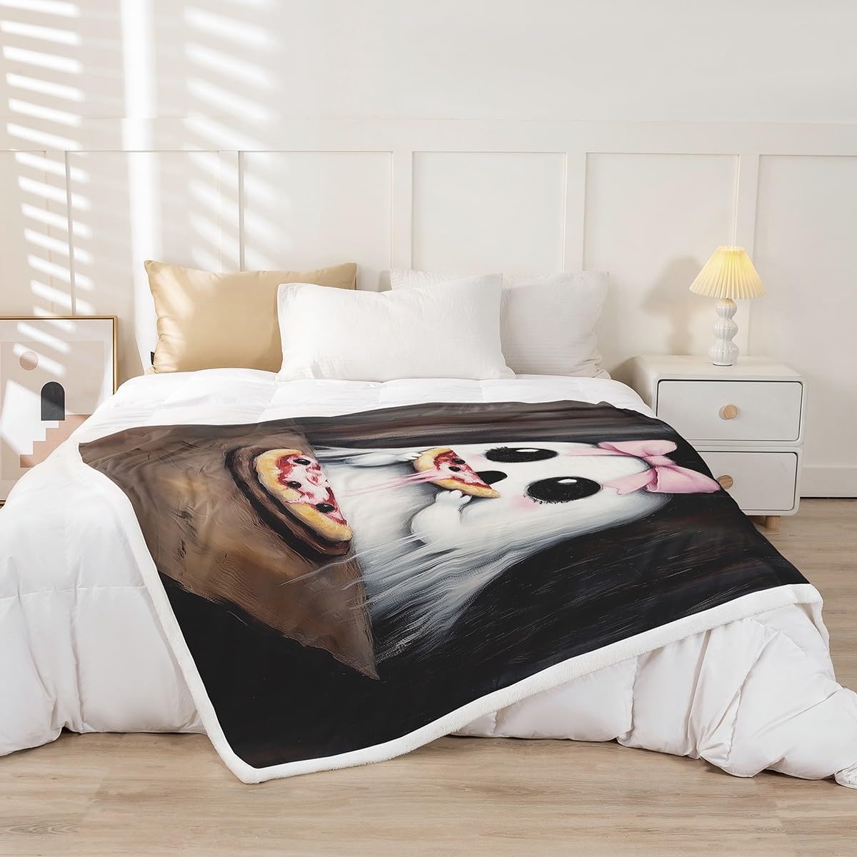 Cute Ghost Fleece Blanket,Funny Pizza Fast Food Halloween Oil Paint Bed Blanket for Kids Teens,Kawaii Pink Bowknot Princess Style Flannel Blanket for Room Decor,Queen 90"x90"