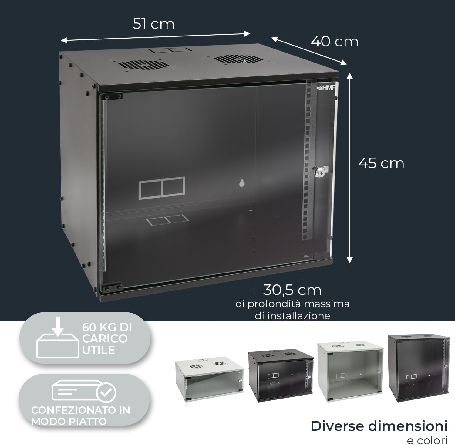 HMF 65709-02 rack cabinet with dimensions labeled, showing 51cm width, 40cm depth, 45cm height, and 30.5cm maximum installation depth.