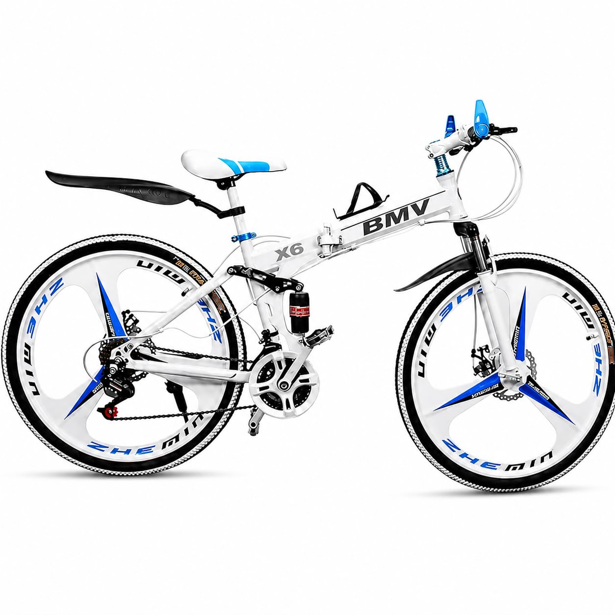 skyride bmv x6 foldable cruiser bicycle | 26-inch white bike with 21-speed gears, dual disc brakes, hydraulic suspension, and strong carbon steel frame | great for city rides and off-road adventures