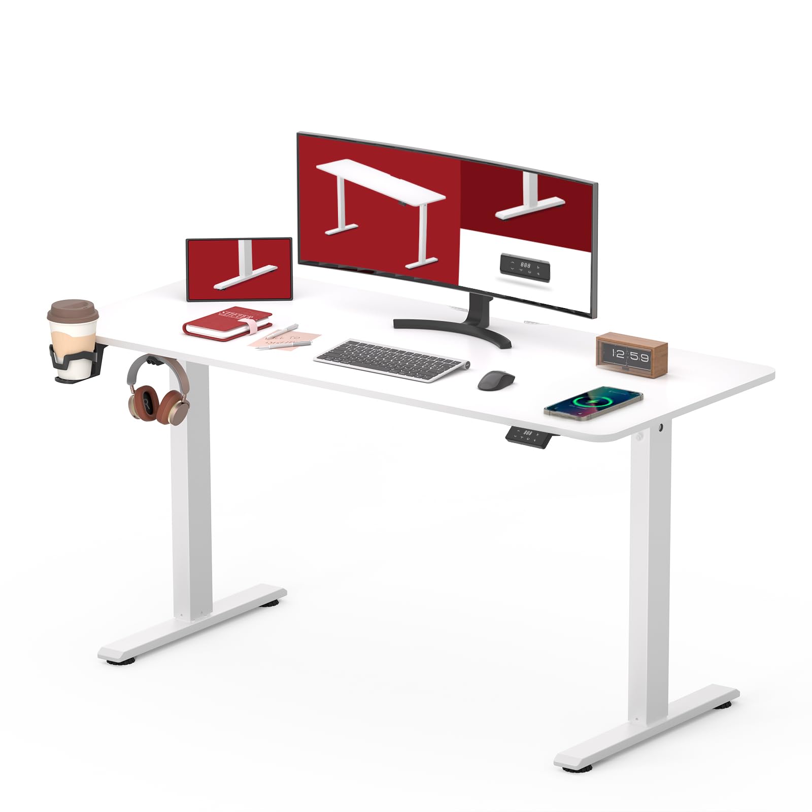 SANODESKElectric Standing Desk 110 x 54 cm with Full Tray, Height Adjustable Standing Desk with Hook/Bottle Holder Memory Function, Anti-Collision System, White