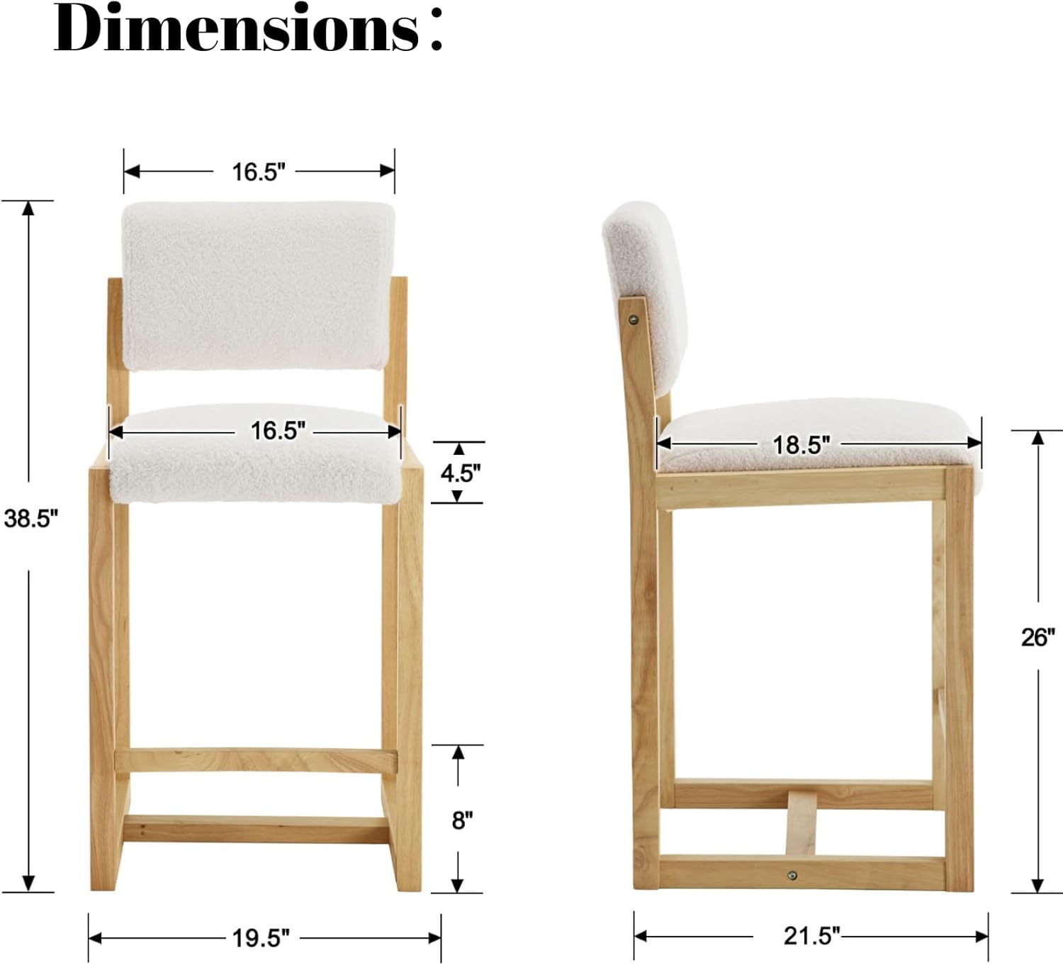 DUOMAY Modern Bar Stools Set of 2, 26" Counter Height Barstools, Sherpa Upholstered Kitchen Island Chair with Light Walnut Color Wood Legs for Home, White