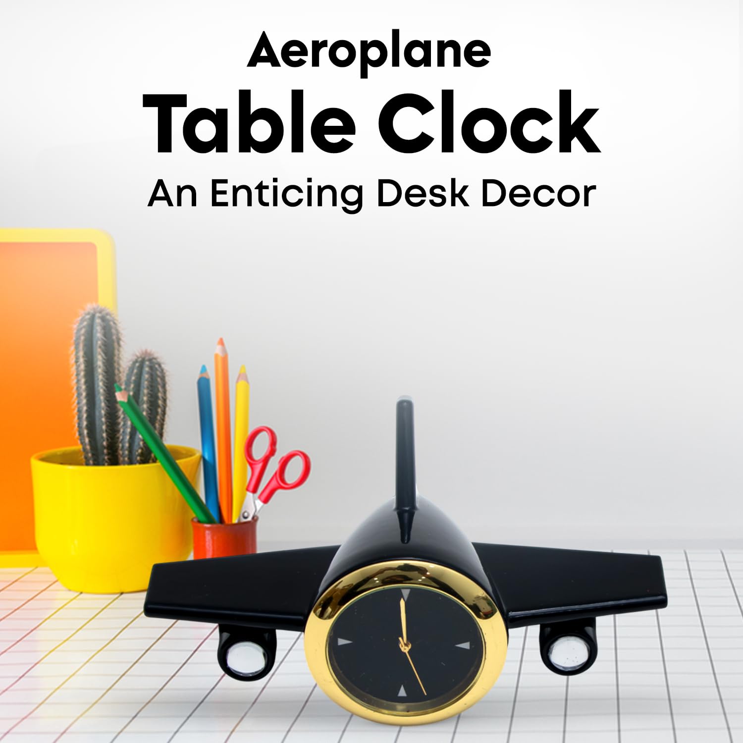 ZAHEPA Metal Aeroplane Miniature Analog Table Clock | Retro Aircraft Model Desk Watch for Office & Study Table | Stylish Home Decor Gift for Living Room | Corporate Gifting Idea (Black)