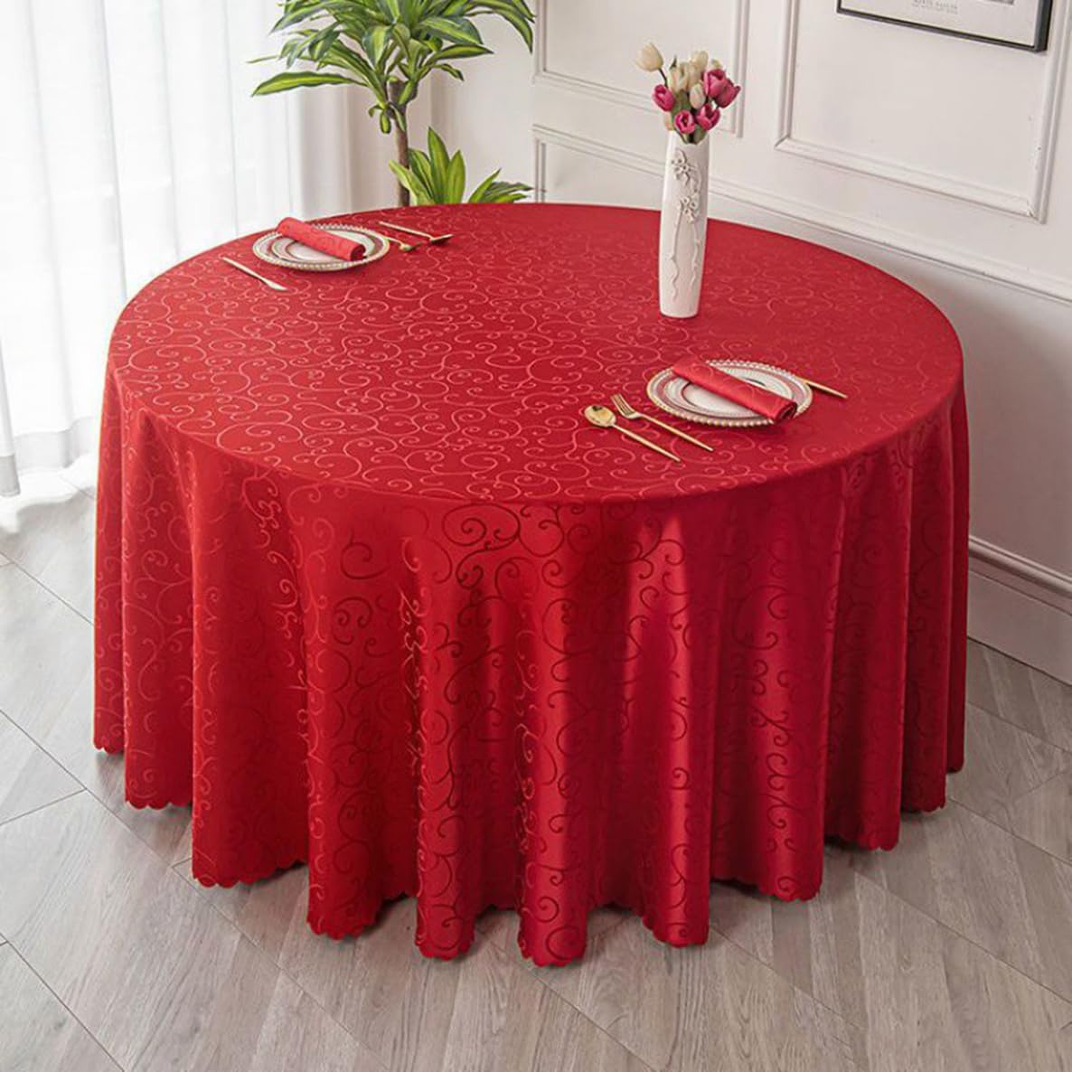 Mantel Jacquard Redondo Protege y Decora la Mesa Adecuado para el hogar, Hotel Restaurante, Banquete de Boda, reunión de Oficina Rojo Diámetro 260 cm