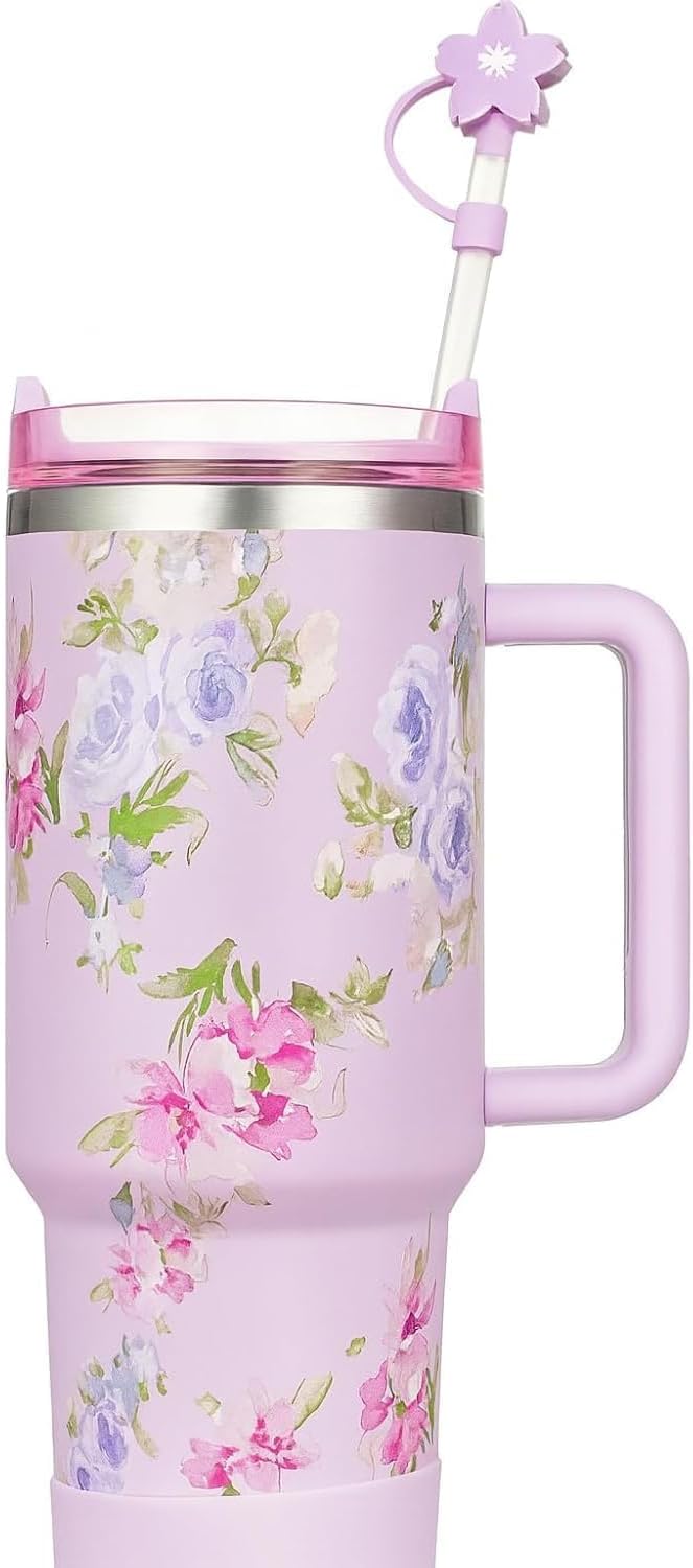 Floral Print Stainless Steel Insulated Tumbler with Handle and Straw Double Wall Leak Proof Travel Cup for Hot and Cold Drinks Reusable Car Friendly Design