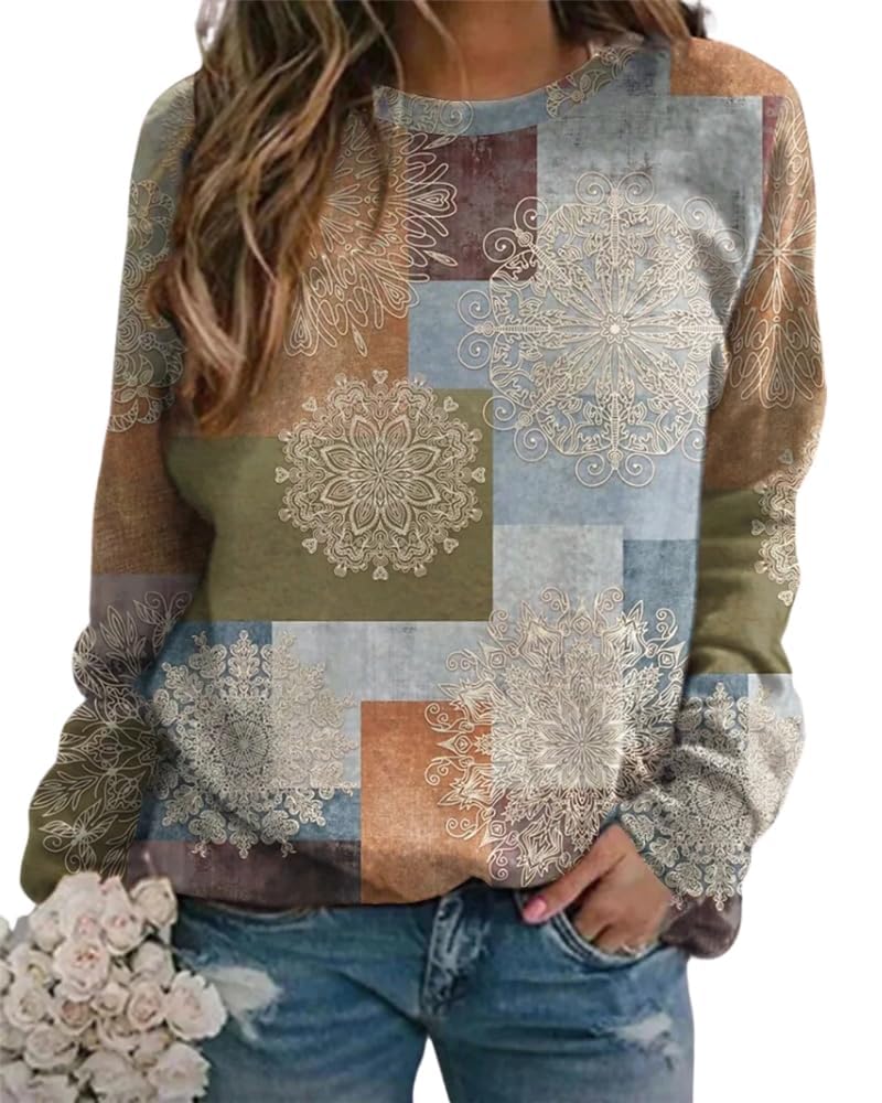 Guteidee Women's Crewneck Flower Feather Print Sweatshirt Long Sleeve Pullover Casual Floral Graphic Sweatshirt Tops for Fall