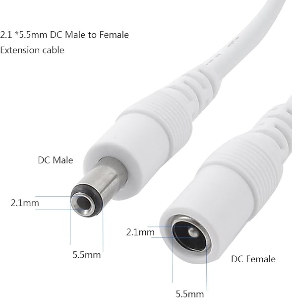 Liwinting 10m Cable de Extensión 2.1mm x 5.5mm Plug DC Macho a Hembra Conector para Adaptador de Corriente, LED, Cámara CCTV Potencia, Coche, Monitores y Más, Flexible - Blanco - 2