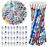 172 Pcs Outer Space Theme Stationery Set Astronaut spaceship rocket 36pencils 36erasers 100Stickers for Space Birthday Party Classroom School Reward Gift Prizes Goodie Bags Stuffers Office (space)
