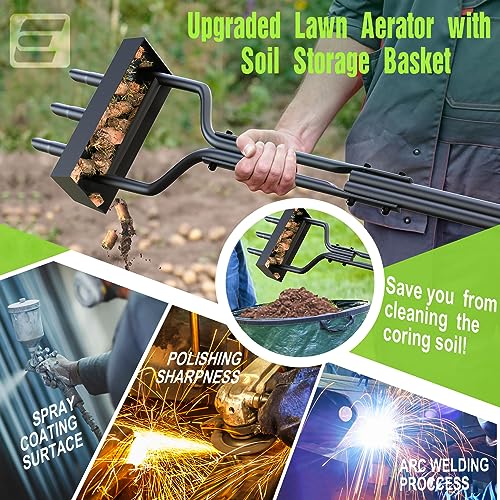 EEIEER Lawn Aerator Coring Tool, Manual Aerator Lawn Tool with Soil Storage Basket, 3 Core Tines Yard Aeration Tools with Cleaning Tool, Plug Aerator for Compacted Soil & Lawn Care - Image 3