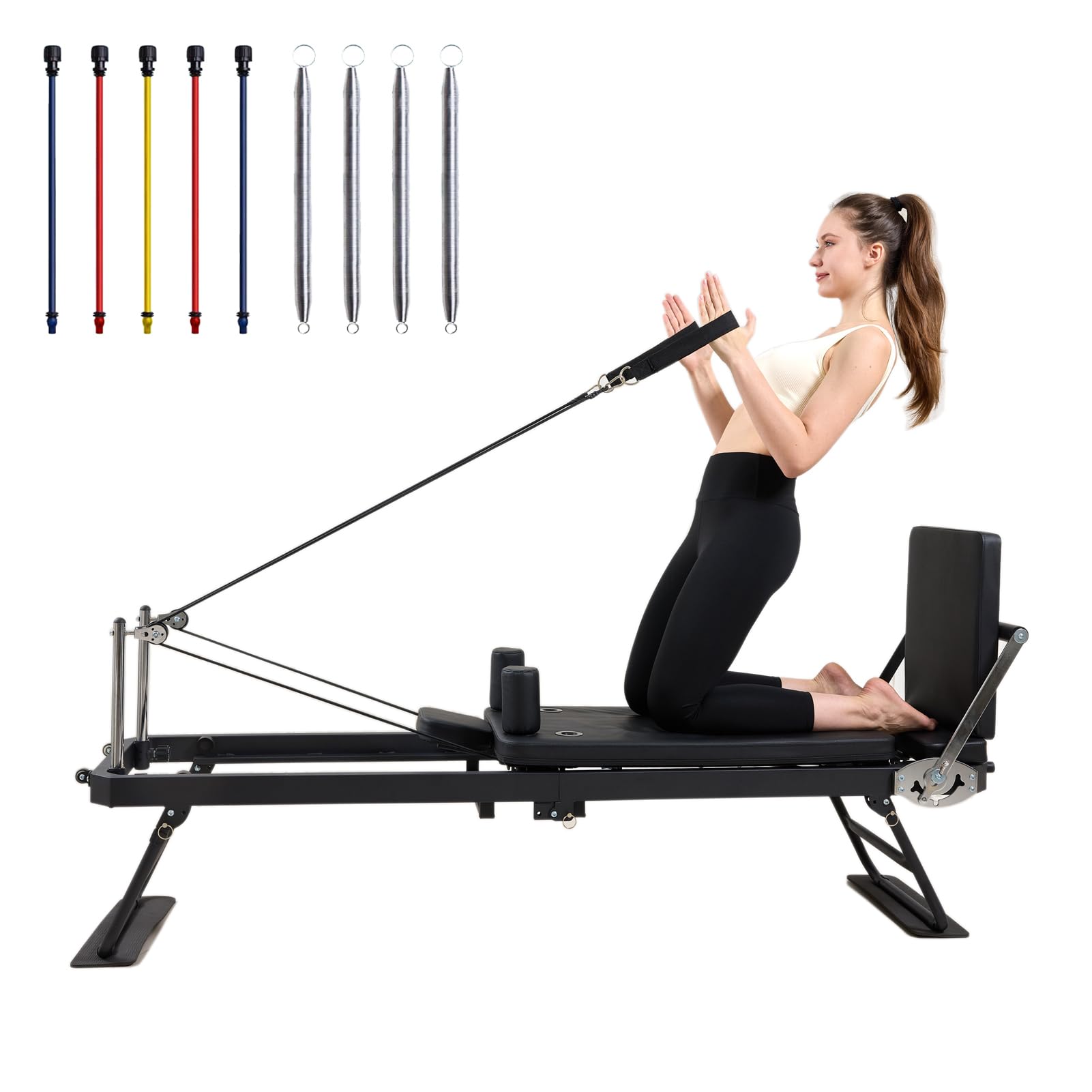 Pilates Reformer, Foldable Pilates Reformer Home Gym Equipment,Core Pilates Bed for Home Workouts ,with Dual Resistance- Springs and Cords, Jump Board Christmas Birthday Valentines Day Gift (Black)