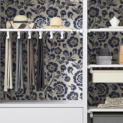 Jiffdiff Peel And Stick Wallpaper Blue Wallpaper Floral Wallpaper 17.3" X 118" Damask Flower Wallpaper Vinyl Waterproof Wallpaper Cream Blue Contact Paper For Cabinets #TOP2