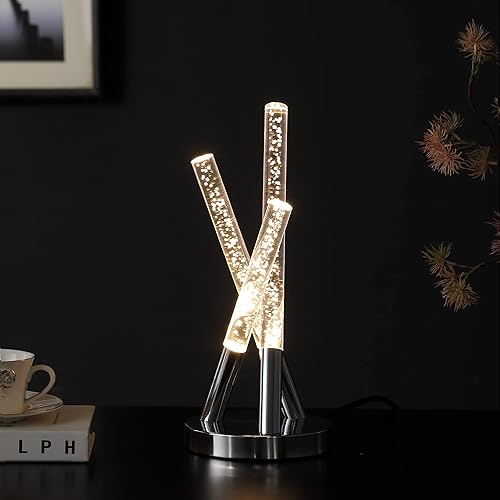 Miniatura 5 de Ore International HBL2617 14.5 "en Carina Moderno 3 Acrílico Vertical Pierna Stix Led Plata Metal Lámpara de Mesa
