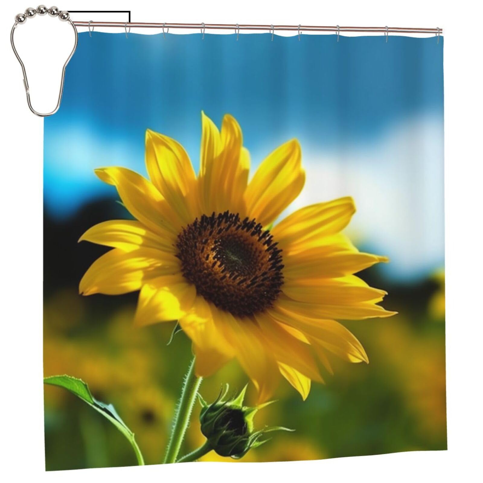 BWWHCCTI Beautiful Sunflower Printed Shower Curtain With 12 Iron Hooks Opaque Quick Drying Waterproof Shower Curtains Sets For Bathroom 183x183 CM