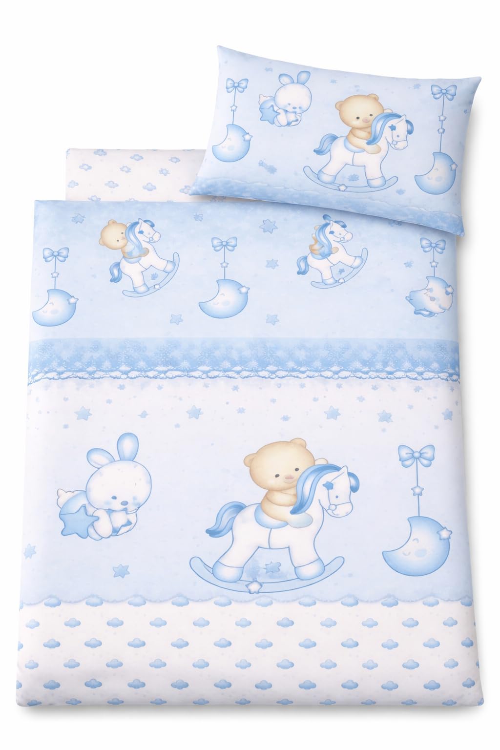Corredocasa Completo Lenzuola Neonato per Culla Stampato Made in Italy, Disegni Assortiti Disponibile in Diversi Materiali Cotone Flanella (Celeste, Cotone)