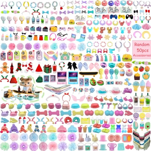 Cute Accessories for lps Pets,50PCS Random Hat Laptop Bow Collar Clothes Food and Drink for LPS Shorthair Cat Collie Dachshund Cocker Spaniel Great Dane Deer Pet Figure (50pcs random accessories)