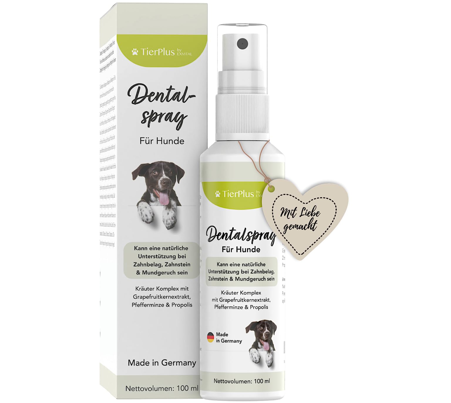 EXVital TierPlus Dentalspray für Hunde, gegen Zahnbelag, Zahnstein & Mundgeruch, natürliche Zahnreinigung & Zahnsteinentferner, 100 ml Sprühflasche, 100% natürlich & ohne Zusätze, Made in Germany