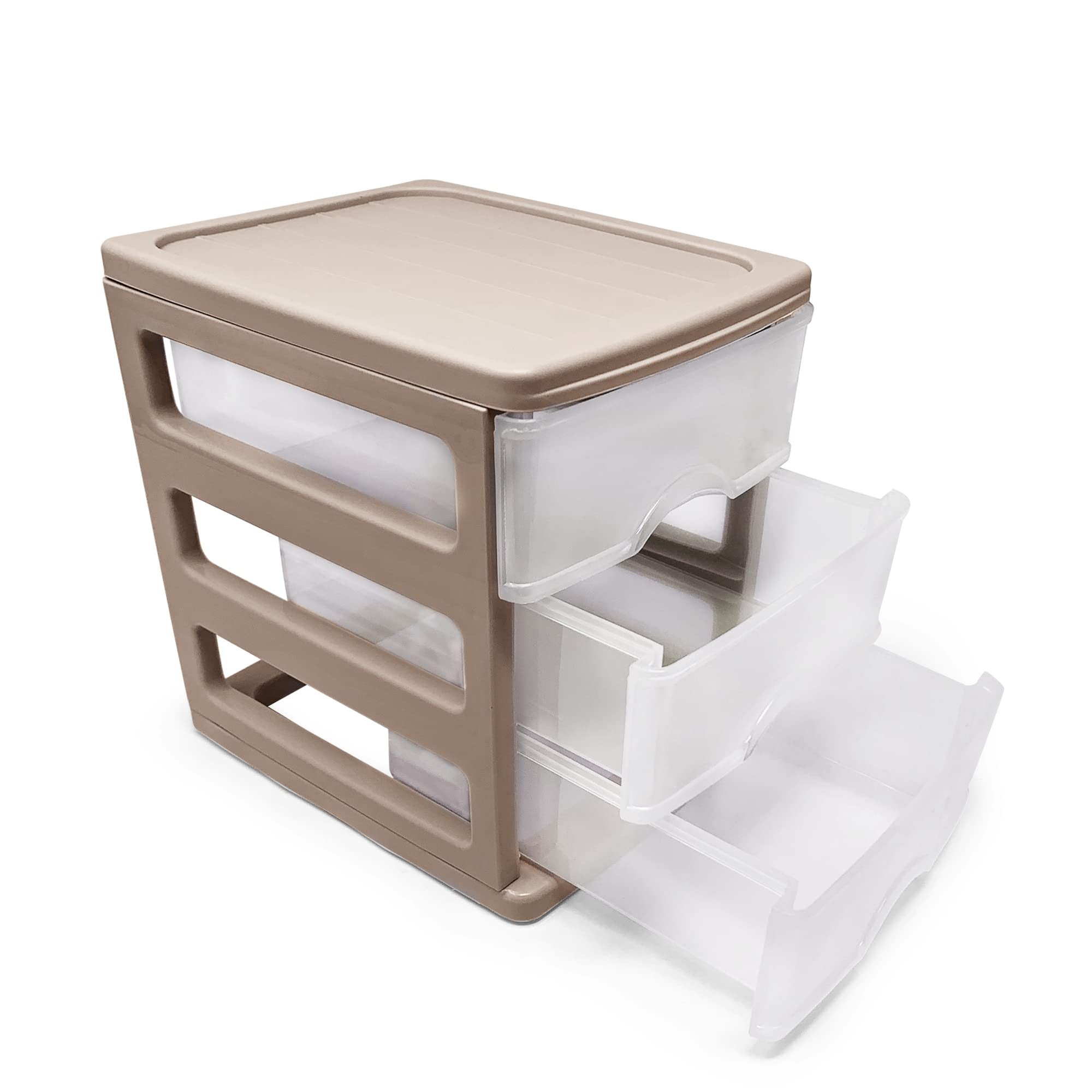 Plastic Desktop Storage Unit with Drawers, Stationary Arts Drawer Desktop Tabletop Organiser Storage Tower Unit for Office Bedroom Garage ((17 x 13.5 x 17cm, Taupe with 3 Clear Drawers)) — view 10
