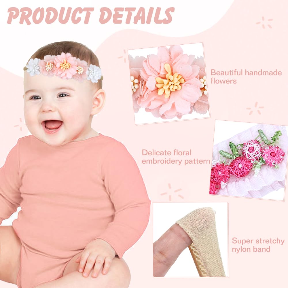 6 Pieces Super Soft Stretchy Pink White Baby Girl Bow Flower Nylon Headbands Floral Lace Headbands Hair Accessories for Newborns Infants Toddlers Girls Kids - Image 3