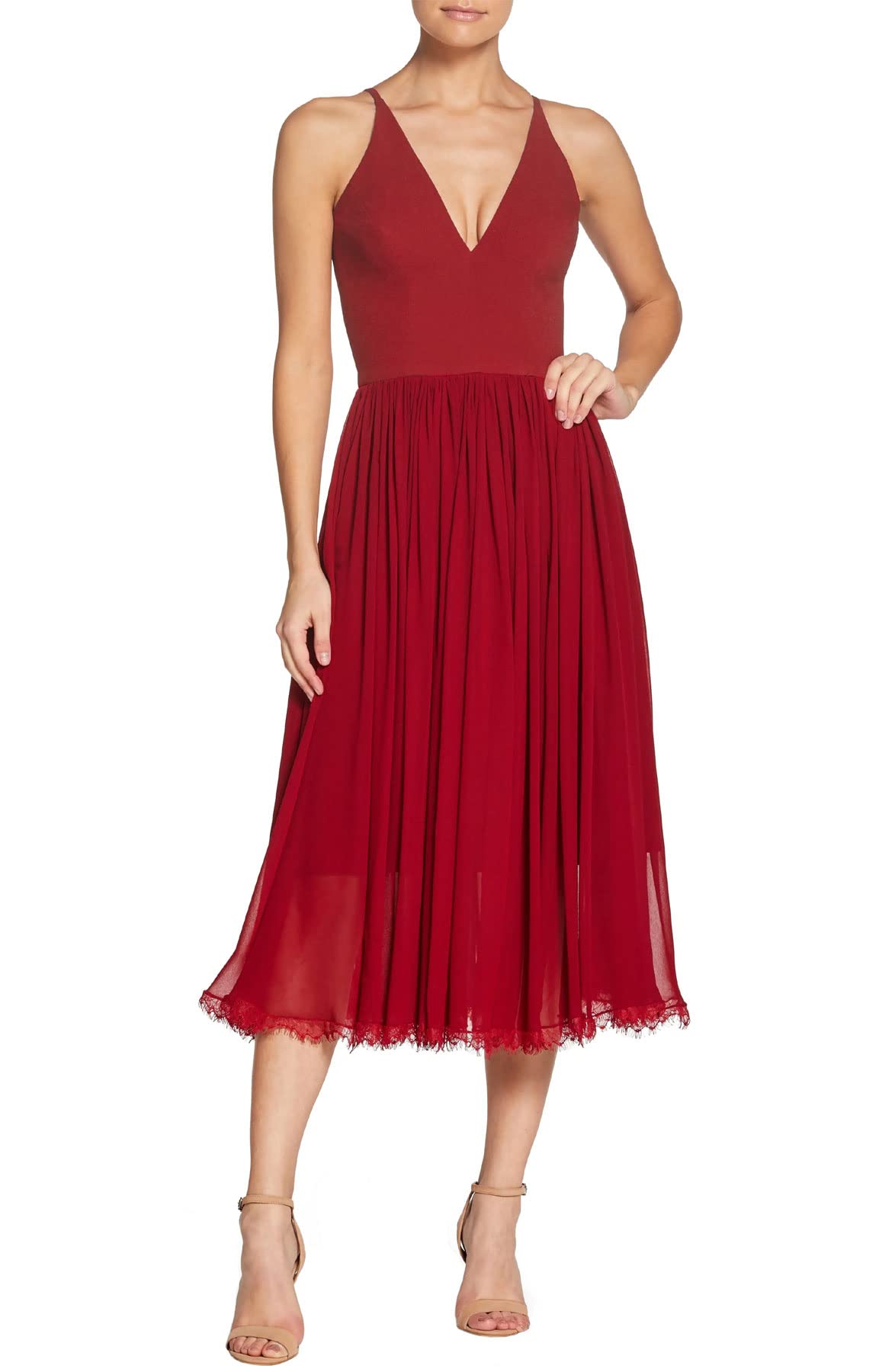 Dress The Population Alicia Plunging Mix Media - Vestido Midi sin Mangas Ajustado y Acampanado para Mujer, Granates, M