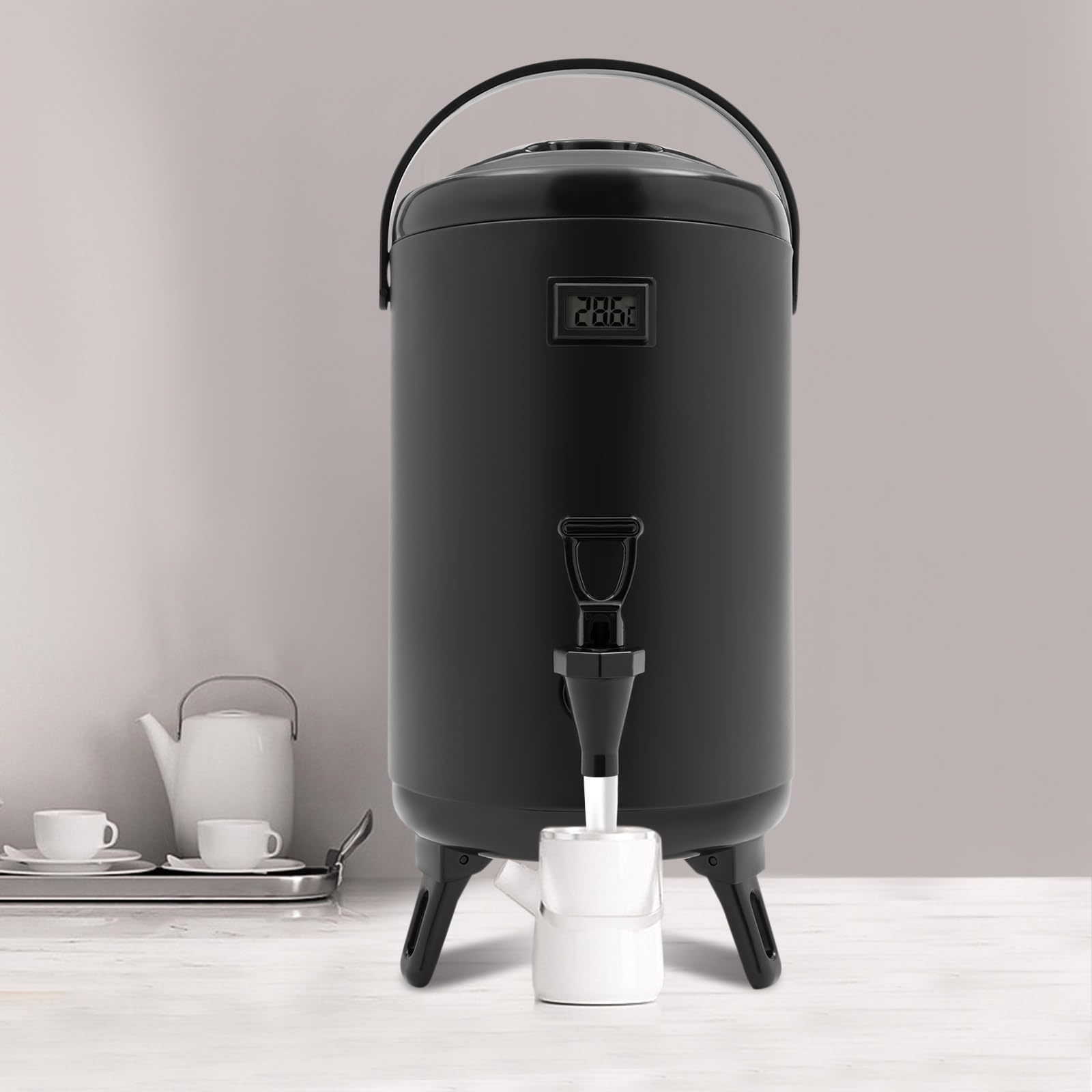 Dispensador de bebidas de 10 l, dispensador de bebidas calientes y frías, acero inoxidable, con pipas y asa para café, agua, leche (negro)