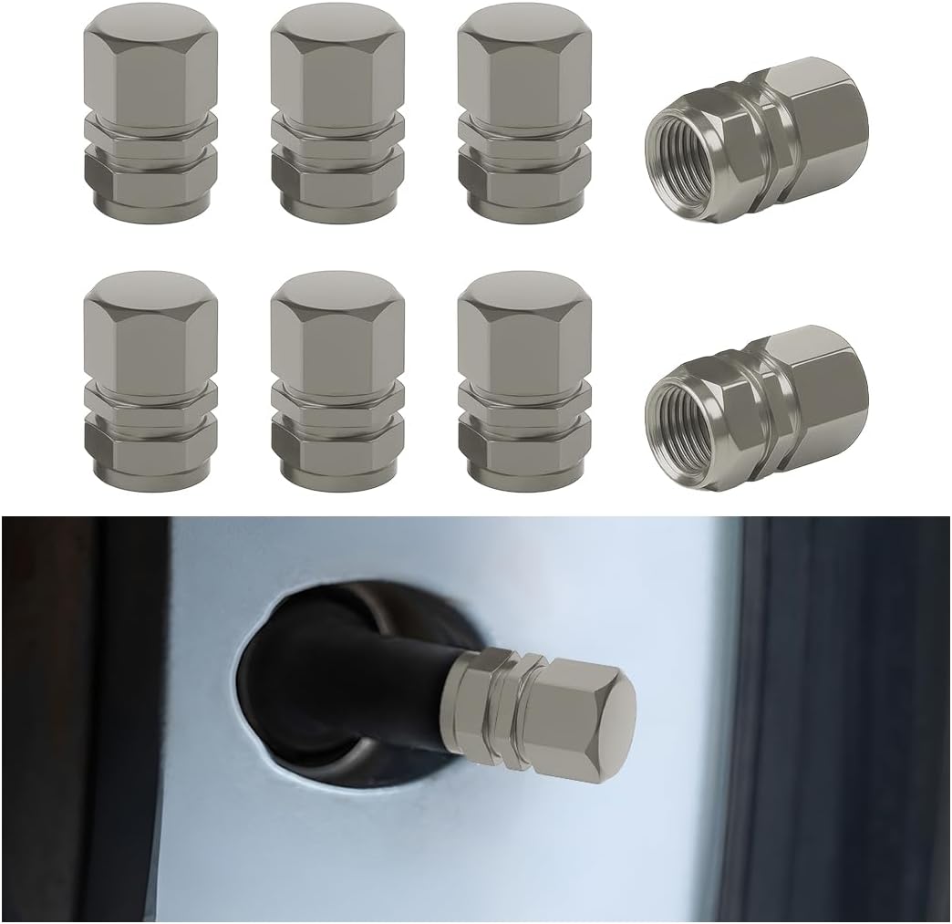 Car Tire Stem Valve Caps, 8 PCS Aluminum Alloy Valve Stem Covers, Leak-Proof Tire Cap Cover Accessories, Hexgon Style Wheel Air Valve Caps for SUV Car Bike (Gray)