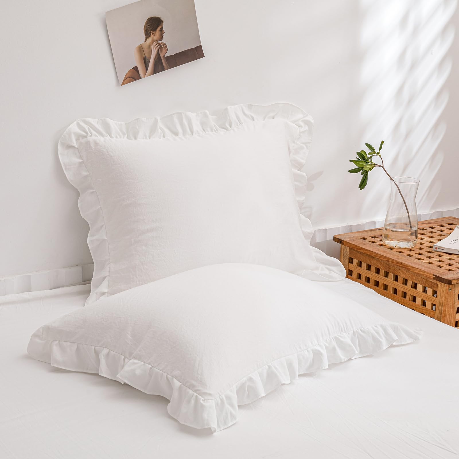 Herside White Ruffle Pillowcases Set of 2 Boho Pillowcases Shabby Chic Ruffle Lace Design Soft Farmhouse Pillow Cover 2 Pack (White,50x75 cm) - Image 2