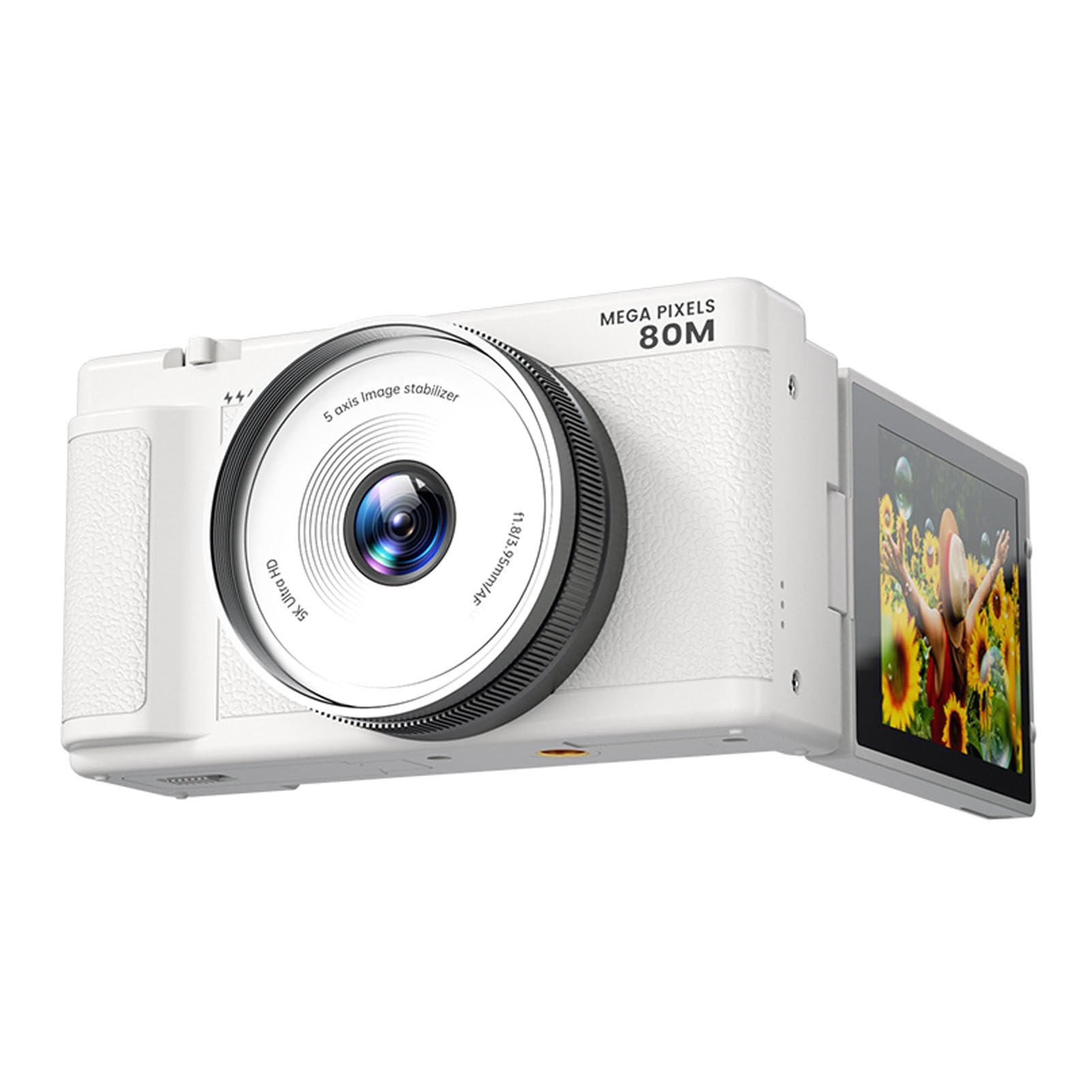 Bewinner Fotocamera Digitale 5K per la Fotografia, Fotocamera da 80MP con Schermo da 2,8 "270 °, Luce di Riempimento a LED, 18x Zoom HD Fotocamere da Viaggio Compatte per Principianti (WHITE)