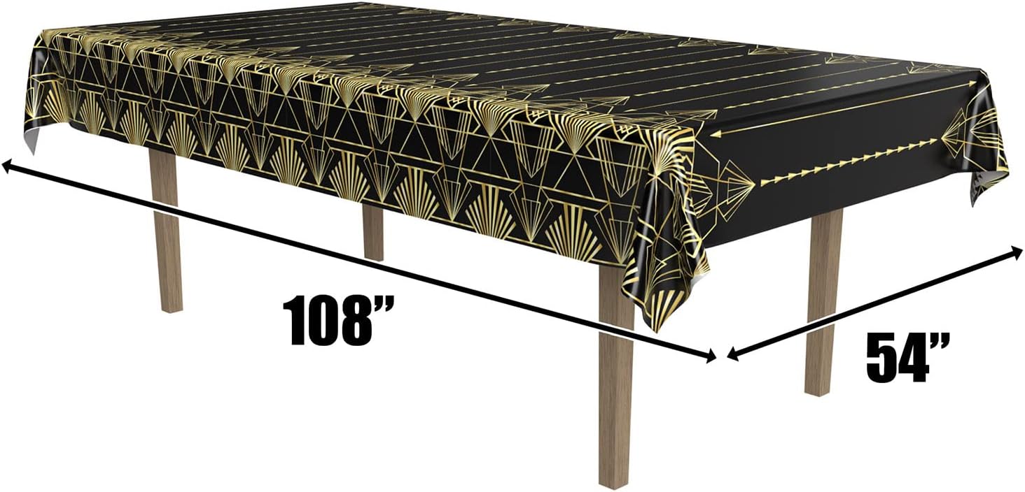 Beistle Great 20’s Print Tablecover, 108" L x 54" W, 2 Piece – Plastic Table Cloth, Black & Gold Party Decorations, Hollywood Party Decorations, Table Decorations for Party, Roaring 20’s Party Decor