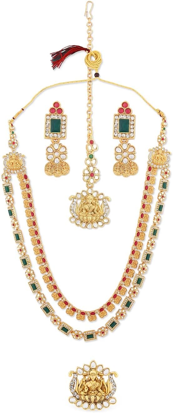 ZAVERI PEARLSGreen & Pink South Indian Style Temple Necklace Earring Maangtikka Ring Set For Women-ZPFK11662