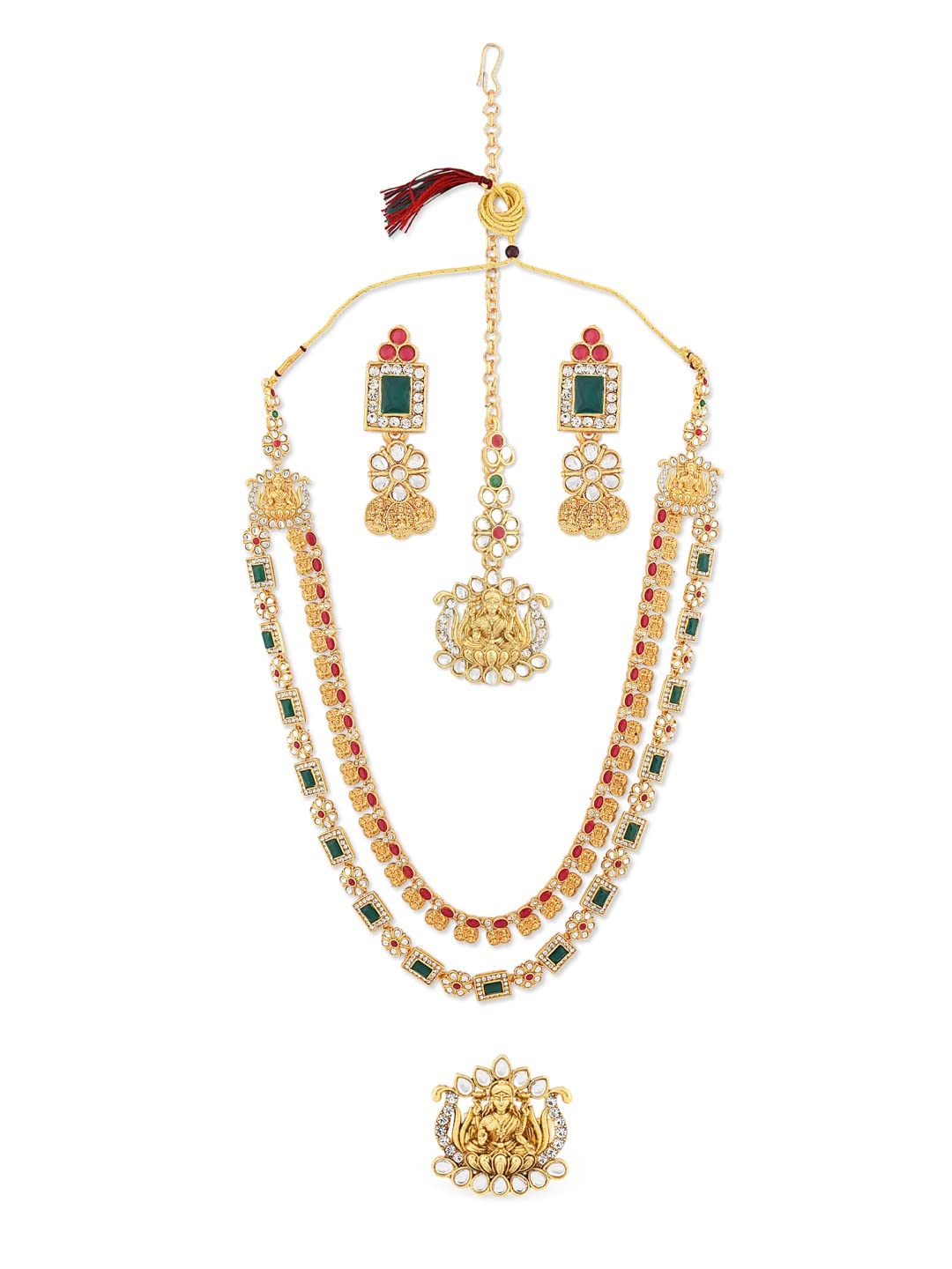 ZAVERI PEARLSGreen & Pink South Indian Style Temple Necklace Earring Maangtikka Ring Set For Women-ZPFK11662