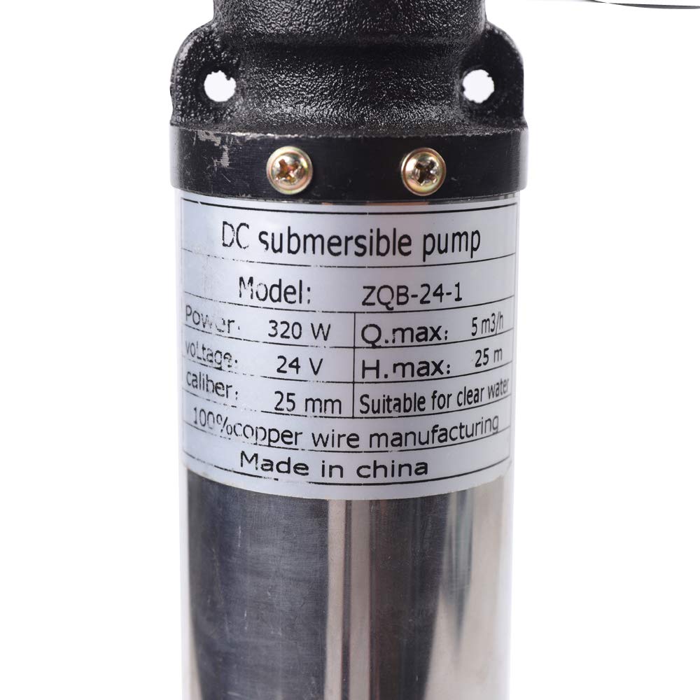 Bomba de agua solar para pozos profundos, 24 V CC, 320 W, bomba de agua sumergible para entrada de agua, flujo máximo: 5 m³/h, altura máxima de extracción: 25 m