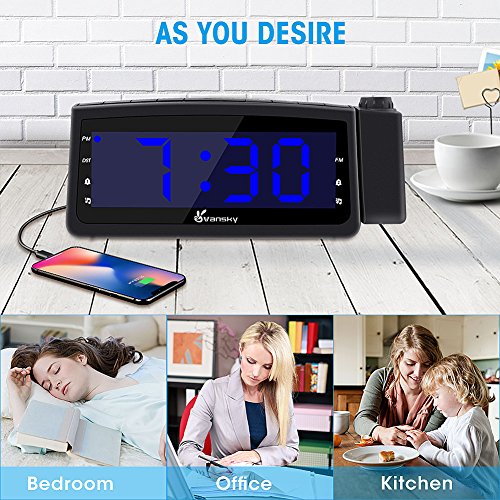 Vansky PAC02 USB Charger, Digital Projection Clock for Bedrooms, FM