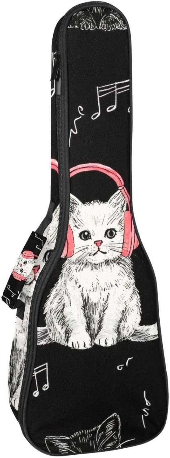 Ukulele Case Concert Size Cute Cats Listening to Music Black Background Ukulele Padded Bag Backpack with Storage and Thick Handle
