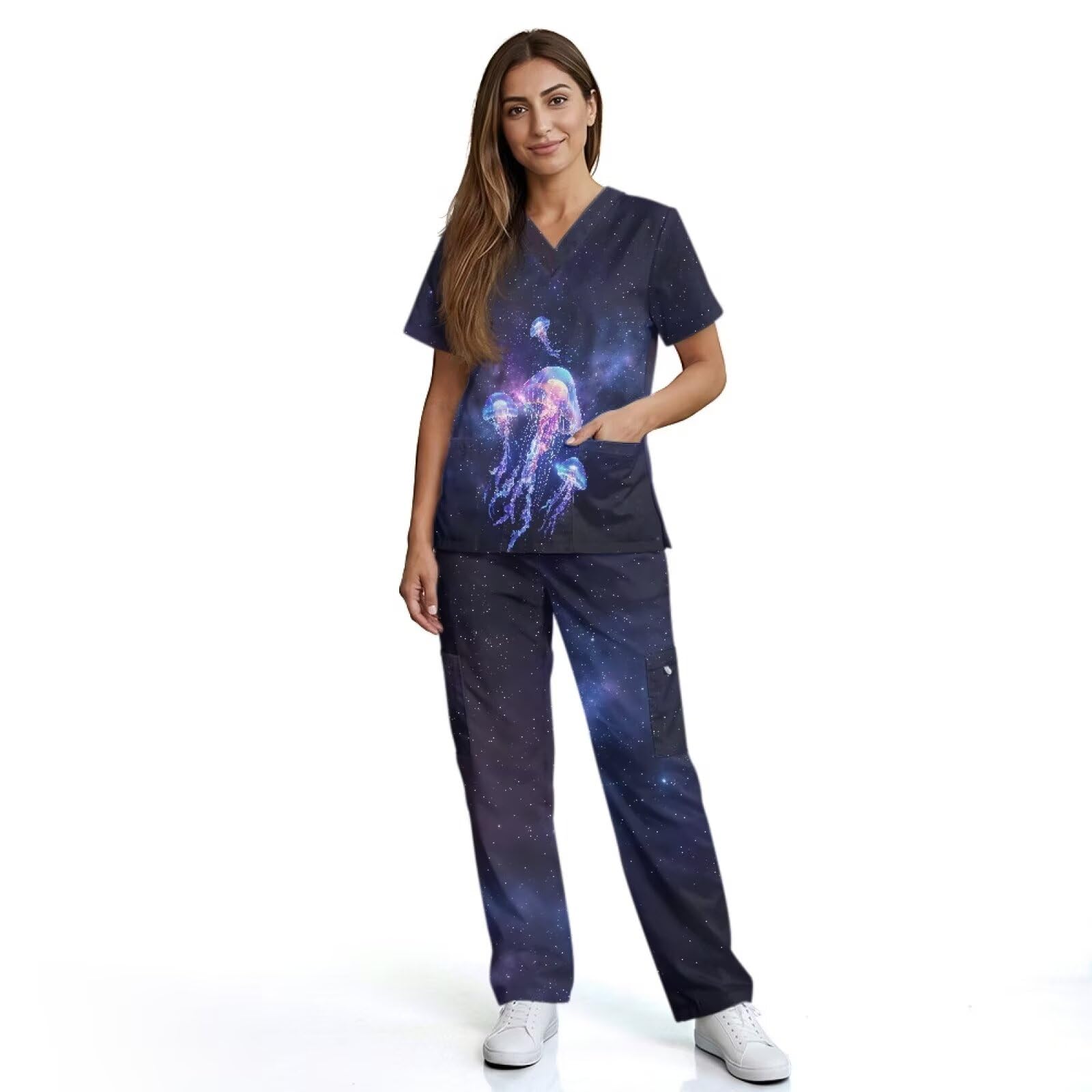Jellyfish Galaxy - Conjunto de ropa quirúrgica para mujer, ajuste acogedor, pantalones de 6 bolsillos con cordón, talla grande, azul marino, CNA Essentials para el trabajo