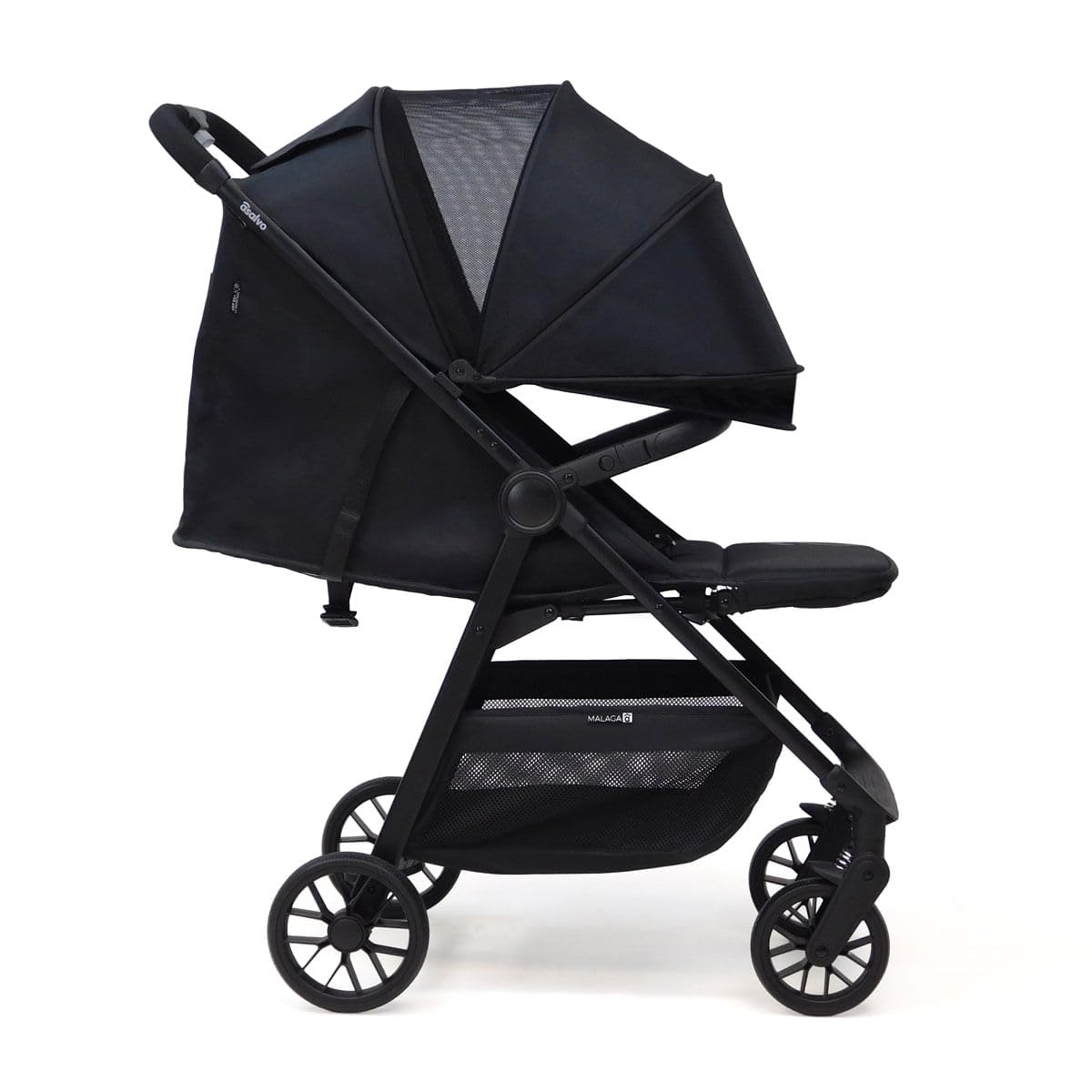 Silla de paseo plegado libro con una mano. Desde 0 meses - 22 kg con arnés 5 puntos, capota UPF 50+ y ruedas con suspensión – Homologada EN 1888-2 – Asalvo Málaga Negro