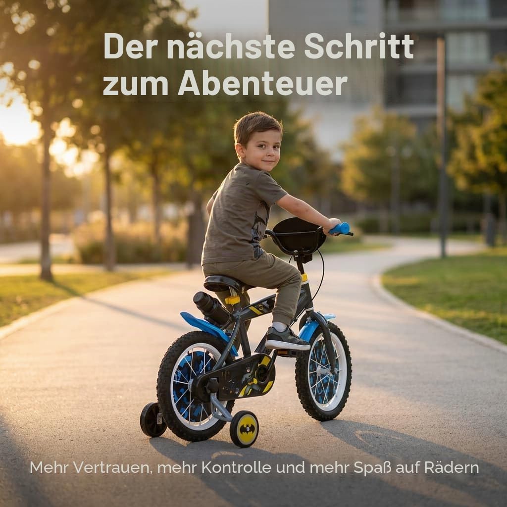 Toimsa Kinderfahrrad Batman 14 Zoll Schwarz/Blau/Gelb | Felgenbremse Trommelbremse Stützräder Speichenschutz Trinkflasche | Alter 4-6 Jahre