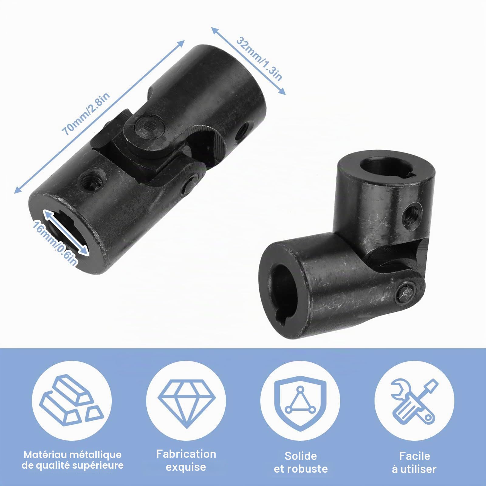 Cardan 16mm, Joint Universel, Couplage d'Axe de Joint Universel Rotatif Coupleur de Connecteur de Moteur en Métal avec vis pour Voiture de Bateau RC de Robots, 16 * 32 * 70mm