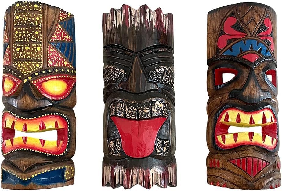 OMA Set of (3) Wooden Hand Crafted African Decorative Masks For Good Fortune And Luck Tiki Mask Home Decor Gift 12" High
