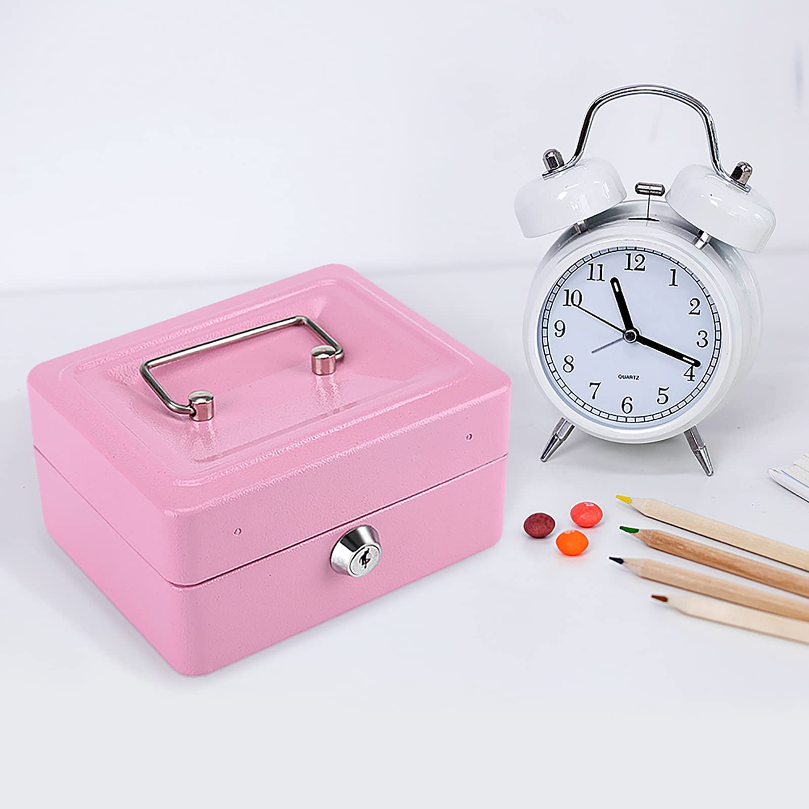 1Pc Safe Box Mini Cash Box Portable Safe Security Box Jewelry Security Box Household Safe Lock Box with Key Lock for Office Kids Adults(Pink) - Image 3