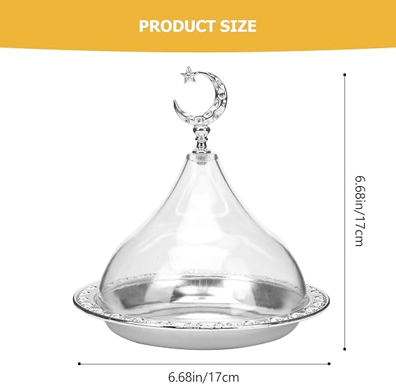 Zerodeko Eid Mubarak Cake Stand with Dome Lid Ramadan Cake Plate with Acrylic Cover Metal Muslim Dessert Holder Serving Tray for Eid Mubarak Party, 17x17cm, Silver, E191567BN3
