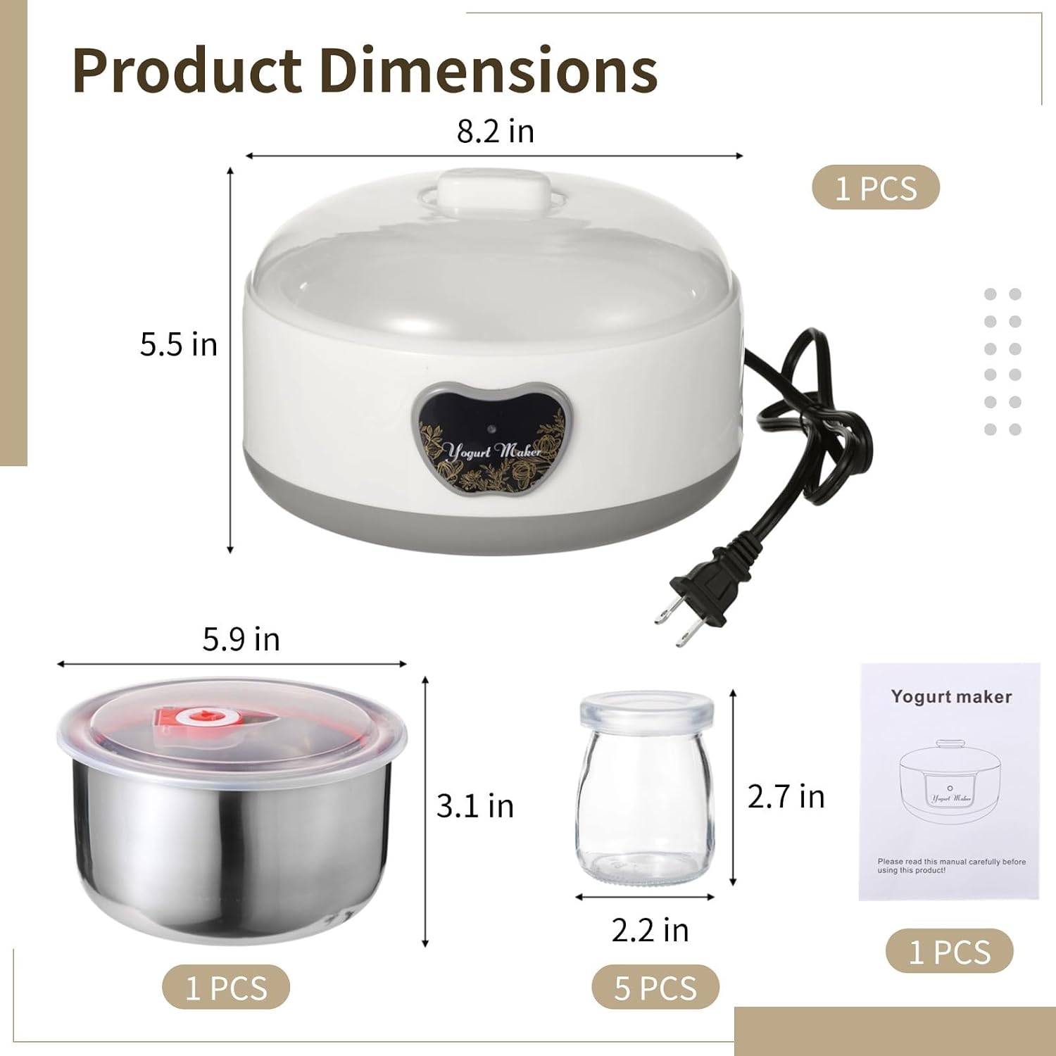 Five Tight Seal Glass Jars with Auto Constant Temperature, Home Yogurt Machine, 1.2 L Automatic Stainless Steel Yogurt Maker of 15W with Heating, Yogurt Machine for Healthy Present