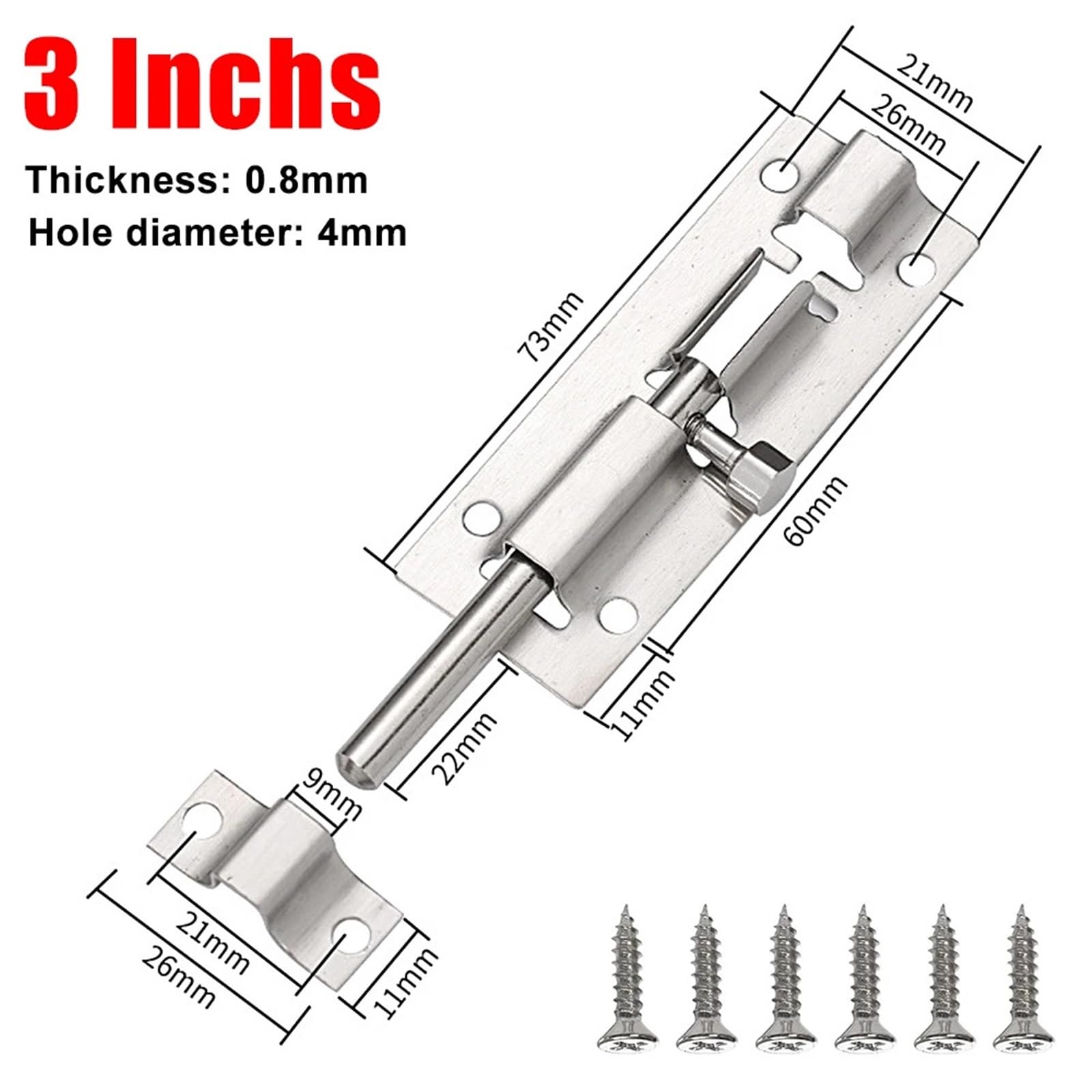 Chiavistello Scorrevole for Porta, chiavistello in Acciaio Inossidabile for Porte, cancelli, finestre, Argento, 2-4 Pollici, 2/5/10 Pezzi, 4(10pcs 3 Inches)
