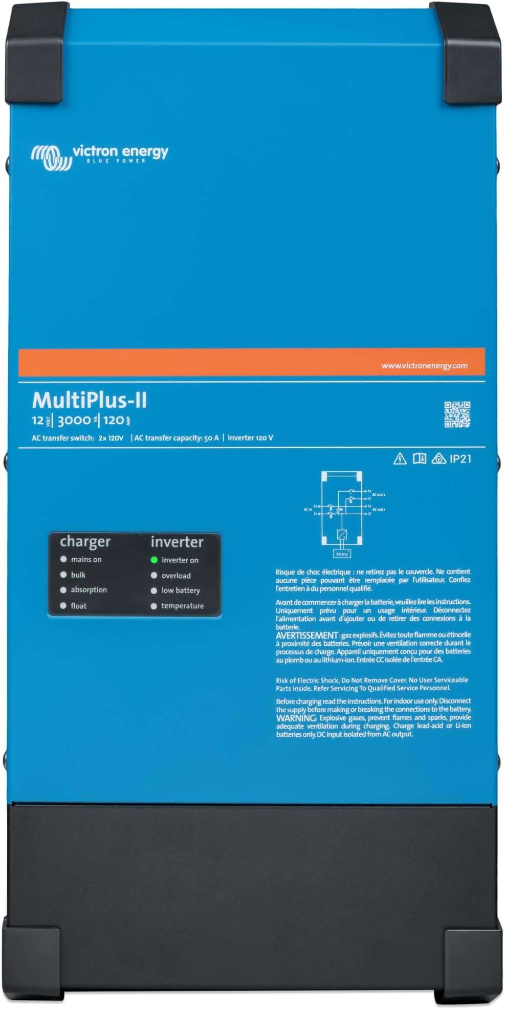 MultiPlus-II - Power Inverter - 2X Pure Sine Wave Inverter Charger for 120 amp Battery - with PowerAssist Technology - 3000VA 12-Volt