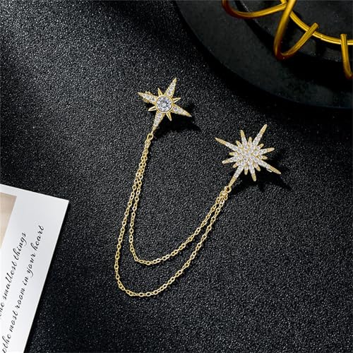 Image of 2PCS Crystal Hanging Chain Brooch Suit Pin for Men Women Vintage Crown Cross Star Diamond Broochs Gold and Silver Wedding Brooch for Clothes Dress Hats Bags Accessory