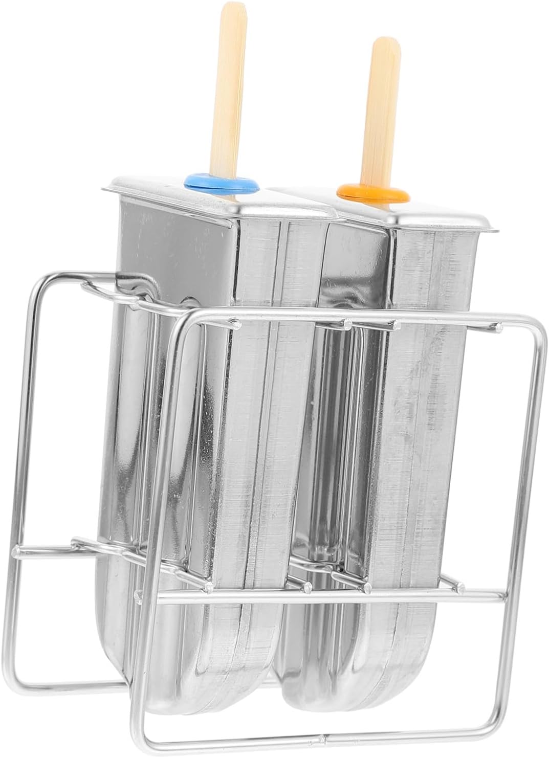 2-Cavity Stainless Steel Ice Cream Mold with 50 Sticks, Household DIY Metal Ice Pop Making Tool with Round Head and Double Slot Design, Includes Stainless Steel Frame for Chilled