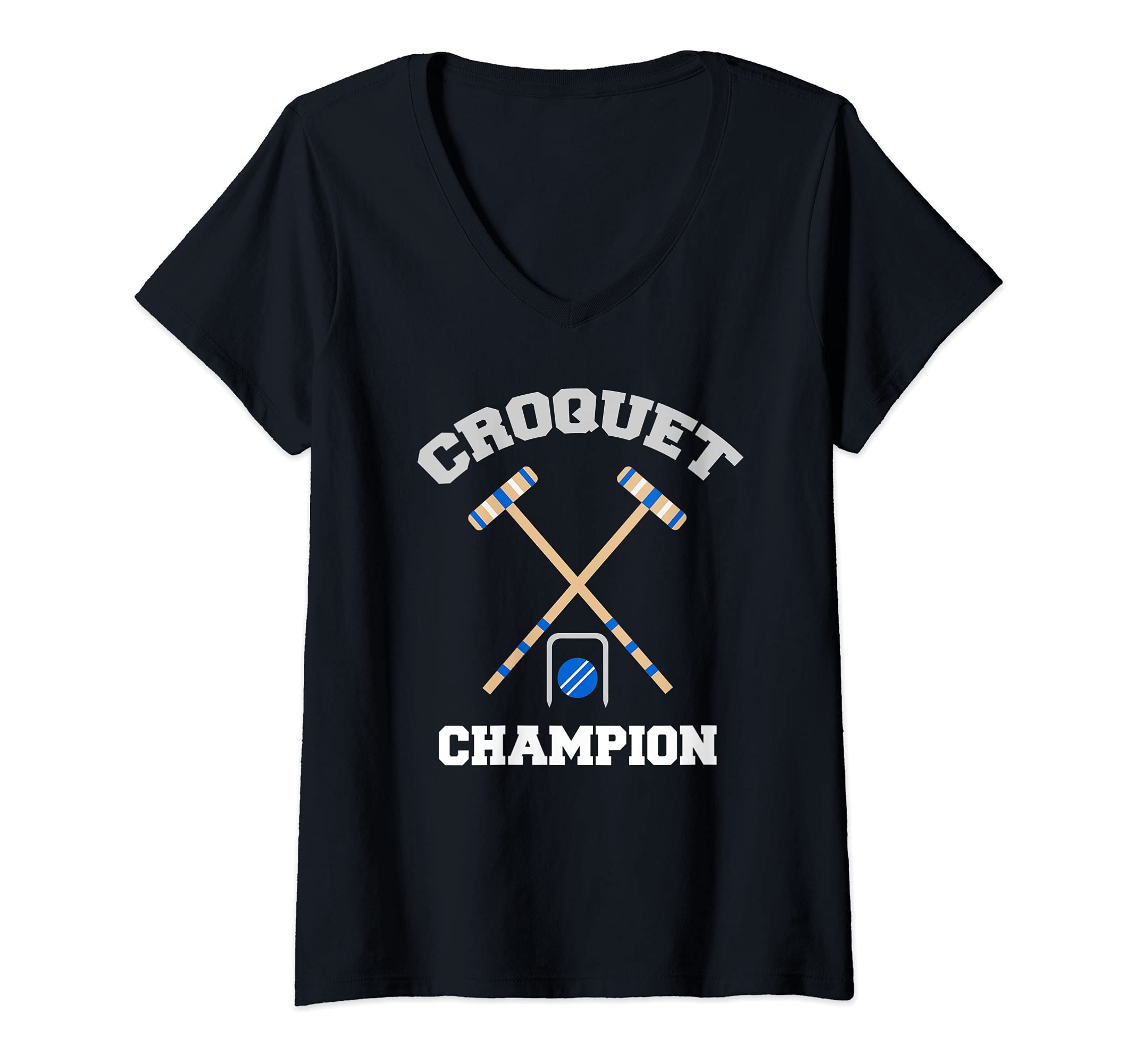 Womens Croquet Game Ball Mallet Wickets Funny Champion Player Gift V-Neck T-Shirt, Black