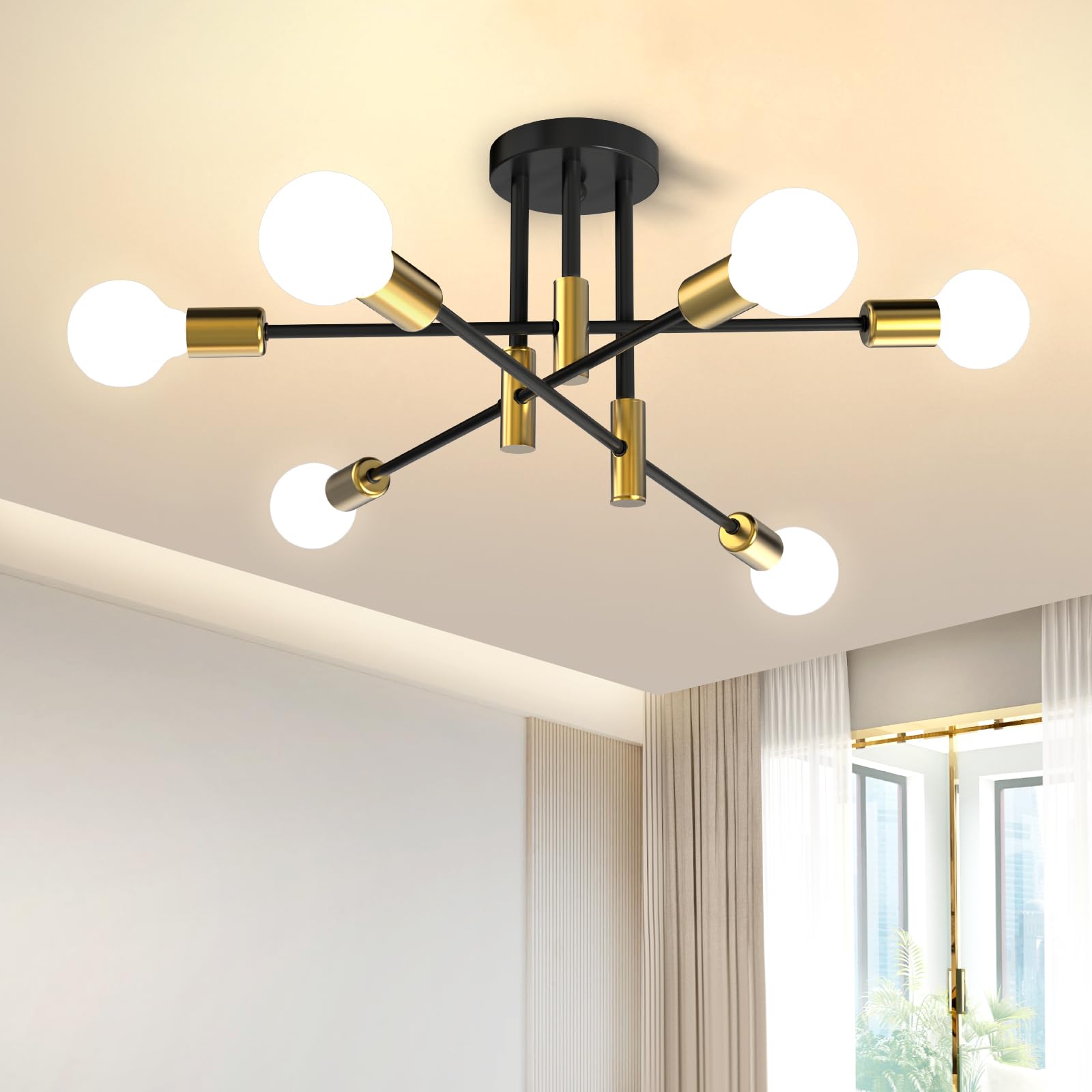 Lámpara Techo Vintage, 6 Luces E27 Lámpara Colgante de Techo, Plafon Techo Moderno para Salón, Dormitorio, Estudio, Cocina y Comedor, Negro y Dorado